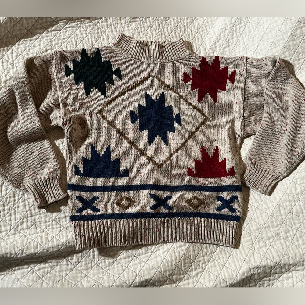 Vintage geometric quilt star wool blend sweater in heathered oatmeal - L